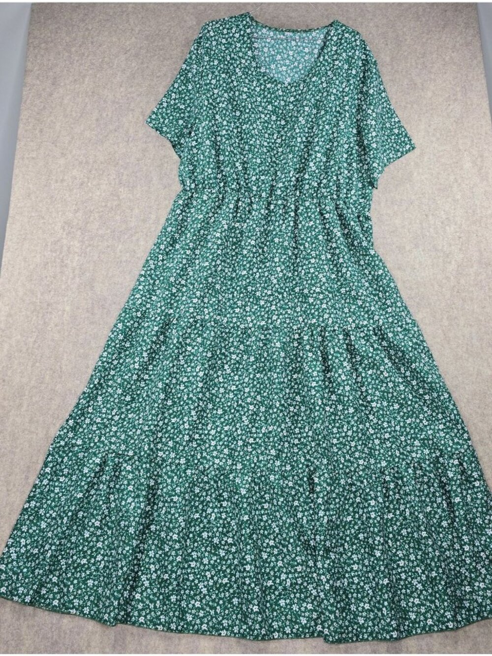 Green Floral V-Neck Maxi Dress Short Sleeves Lightweight Tiered Polyester Design